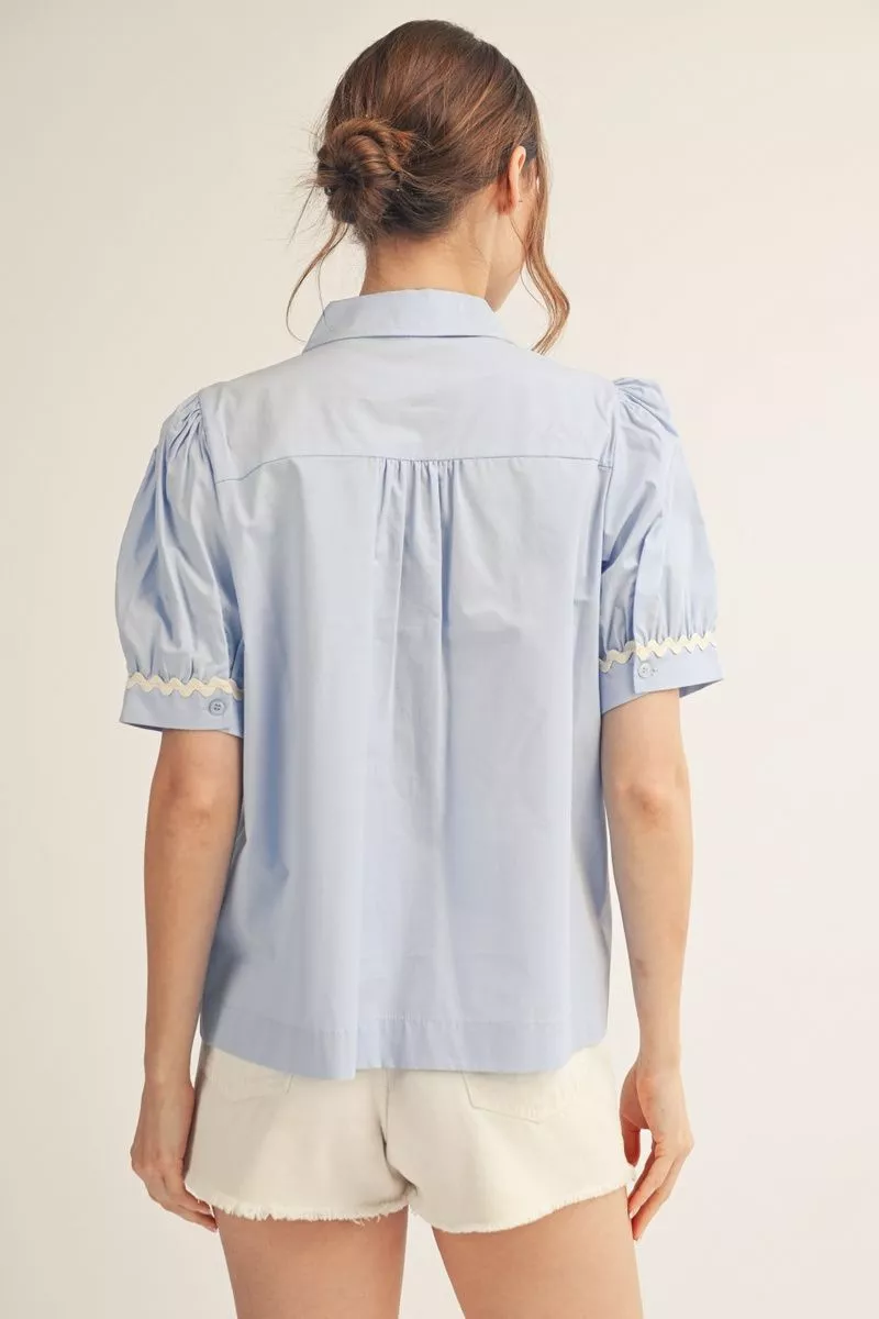 Sky Blue Collared Blouse w/ RicRac Details