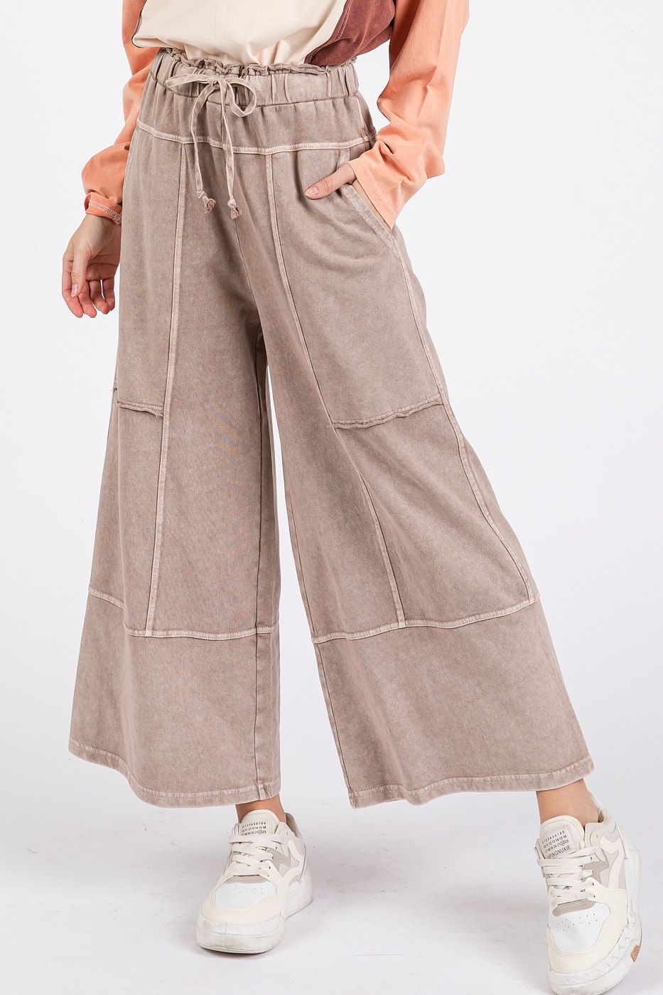 Drawstring, Wide Leg Mineral Wash Pants