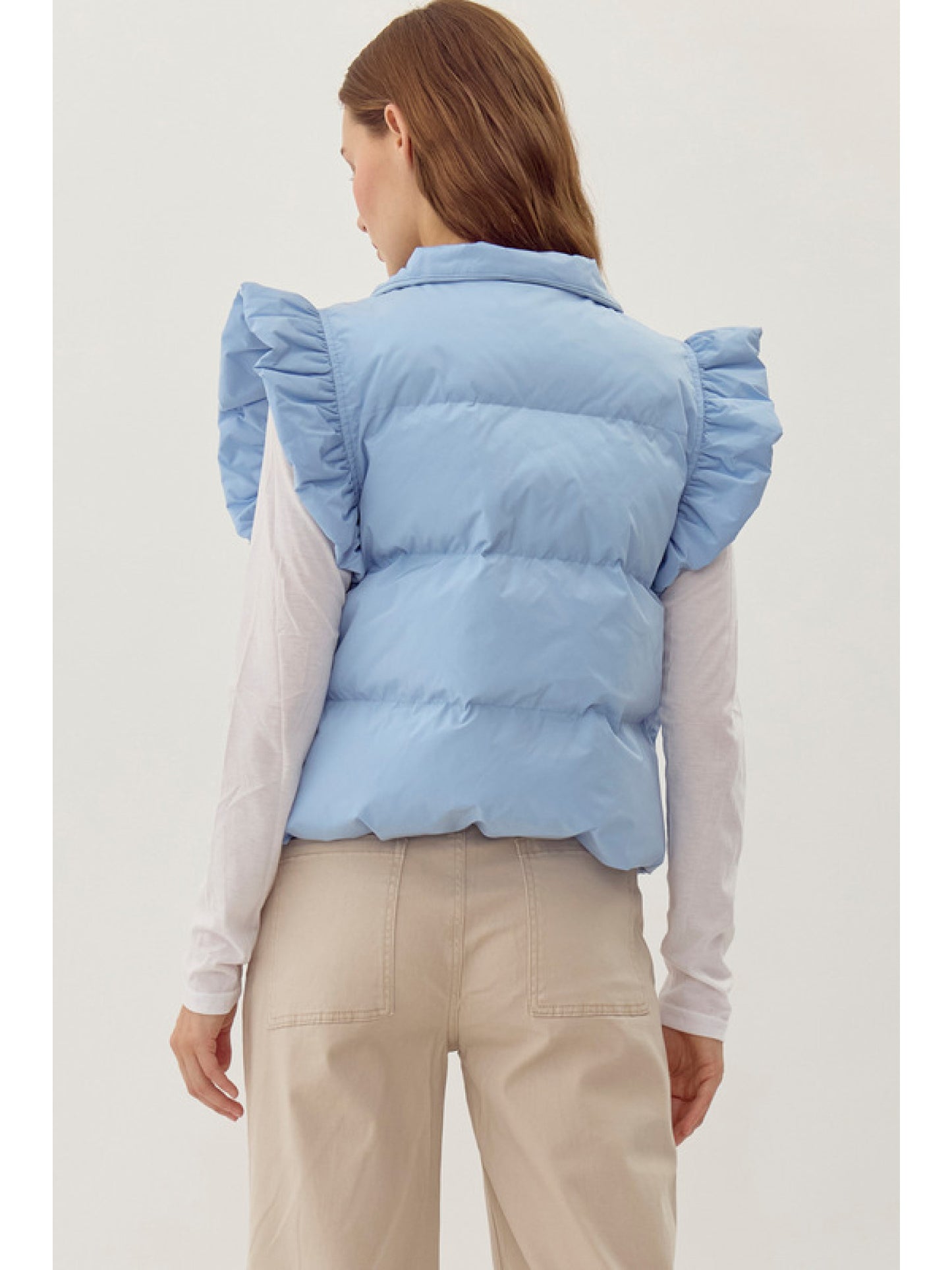 Ruffle Sleeve Front Pocket Puffer Vest