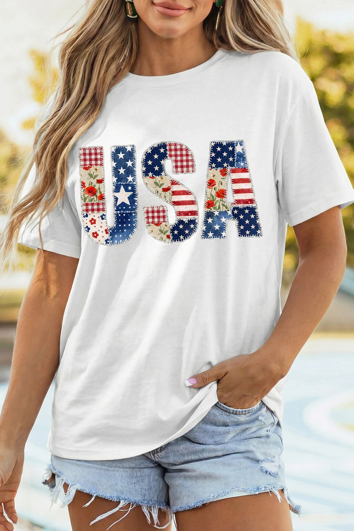 White Faux Patchwork 'USA' T-Shirt