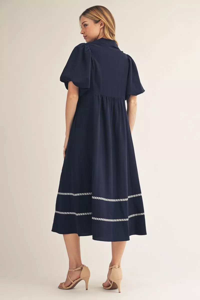 Dark Navy Short Puff Sleeve Maxi Dress