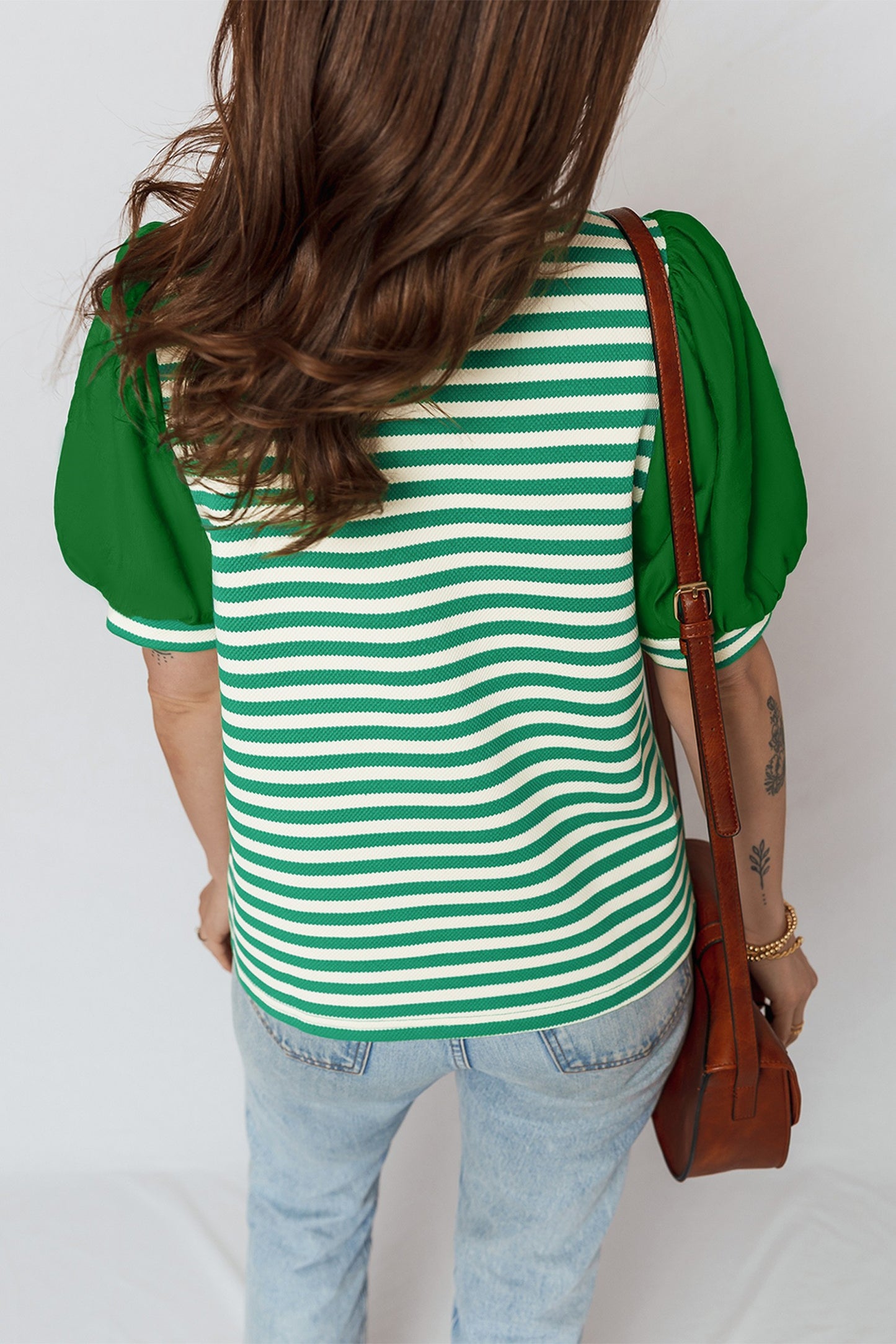 Green Striped Short Puff Sleeve Blouse