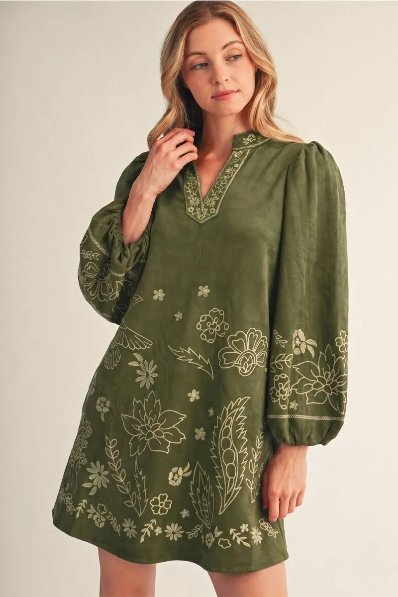 Olive Faux Suede Floral Print Long Sleeve Mini Dress