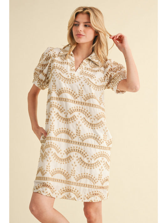 Taupe Embroidered Short Puff Sleeve Mini Dress
