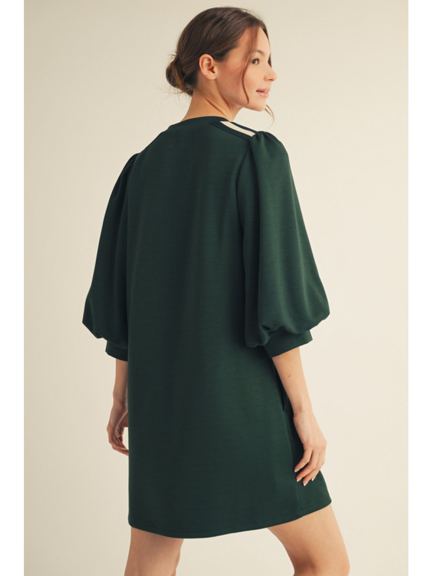 Hunter Green 3/4 Sleeve Lantern Sleeve Mini Dress