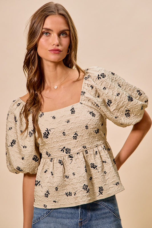 Beige Rose Print Textured Square Neck Short Sleeve Blouse
