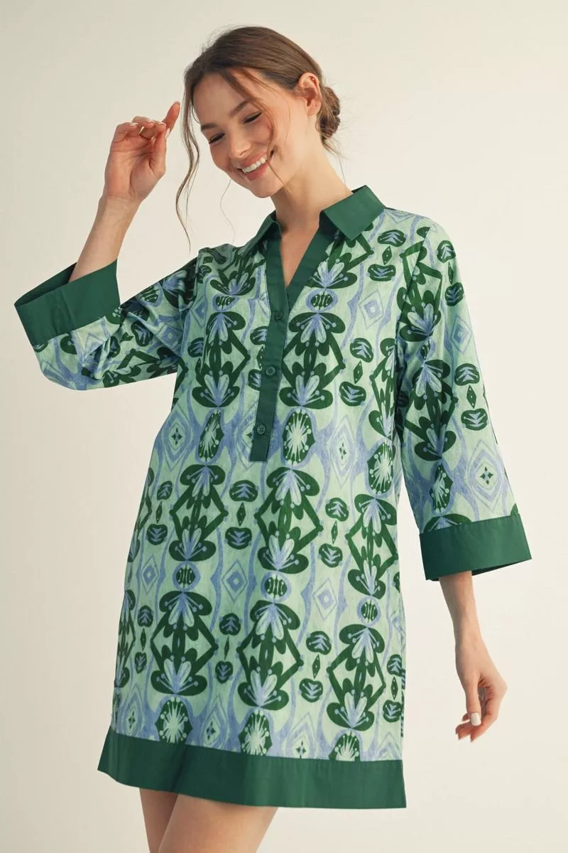 Green Patterned Long Sleeve Mini Dress
