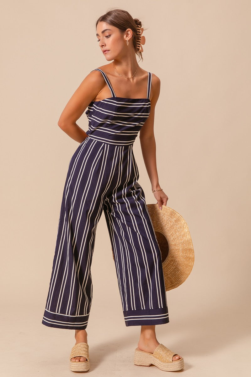 Navy/Ivory Double Stripe Jumpsuit w/ Open Back Ribbon Tie