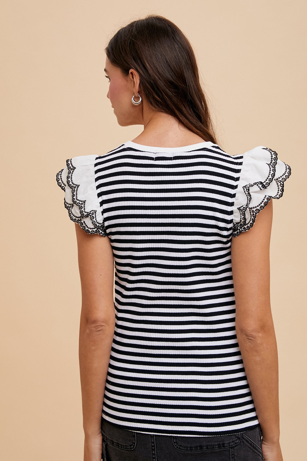 Ivory + Black Striped Double Ruffle Sleeve Top