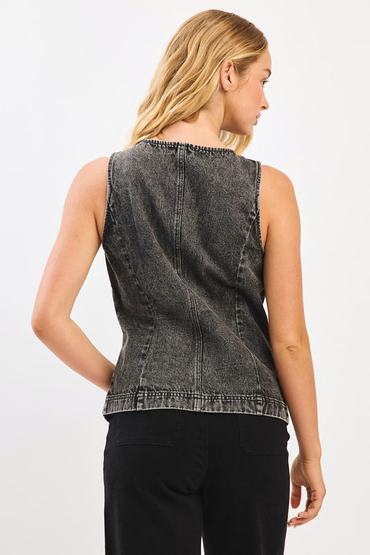 Black Denim Round Neck Button Up Vest Top