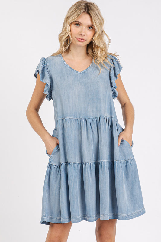 Light Denim Washed V-Neck Mini Dress