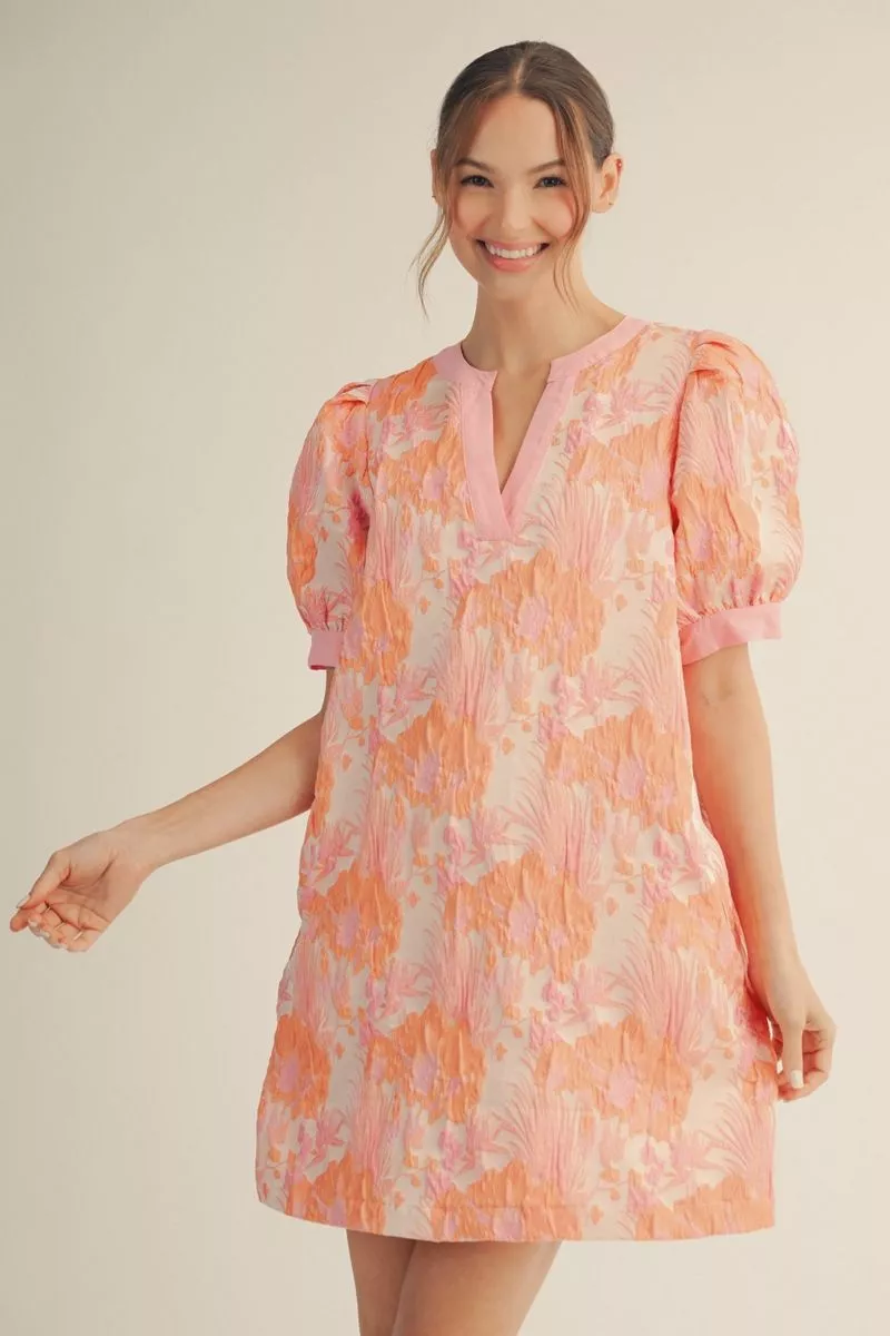 Peach Mix Floral Mini Dress w/ Short Puff Sleeves