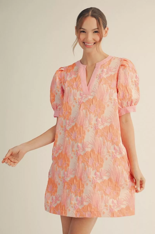 Peach Mix Floral Mini Dress w/ Short Puff Sleeves