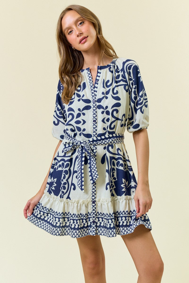 Ivory/Navy Border Shift Mini Dress w/ Waist Tie