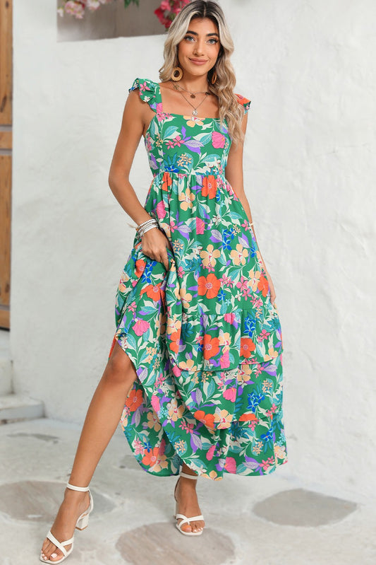 Green Floral Sleeveless Ruffle Tiered Maxi Dress