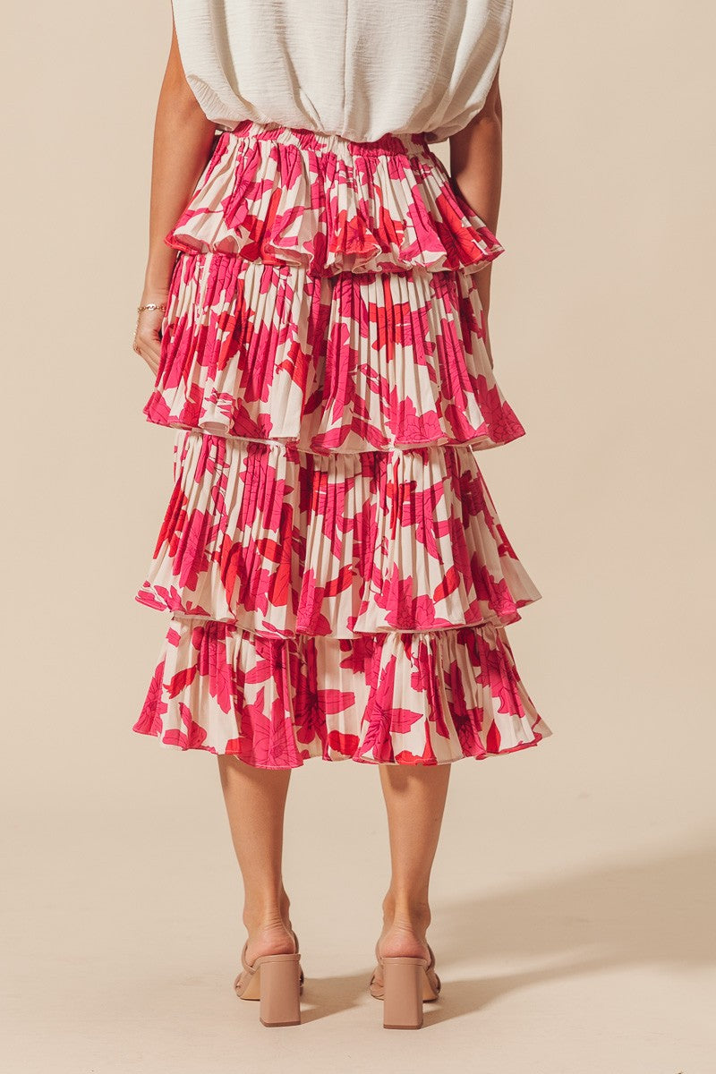 Fuchsia/Ivory Floral Pleated Tier Midi Skirt