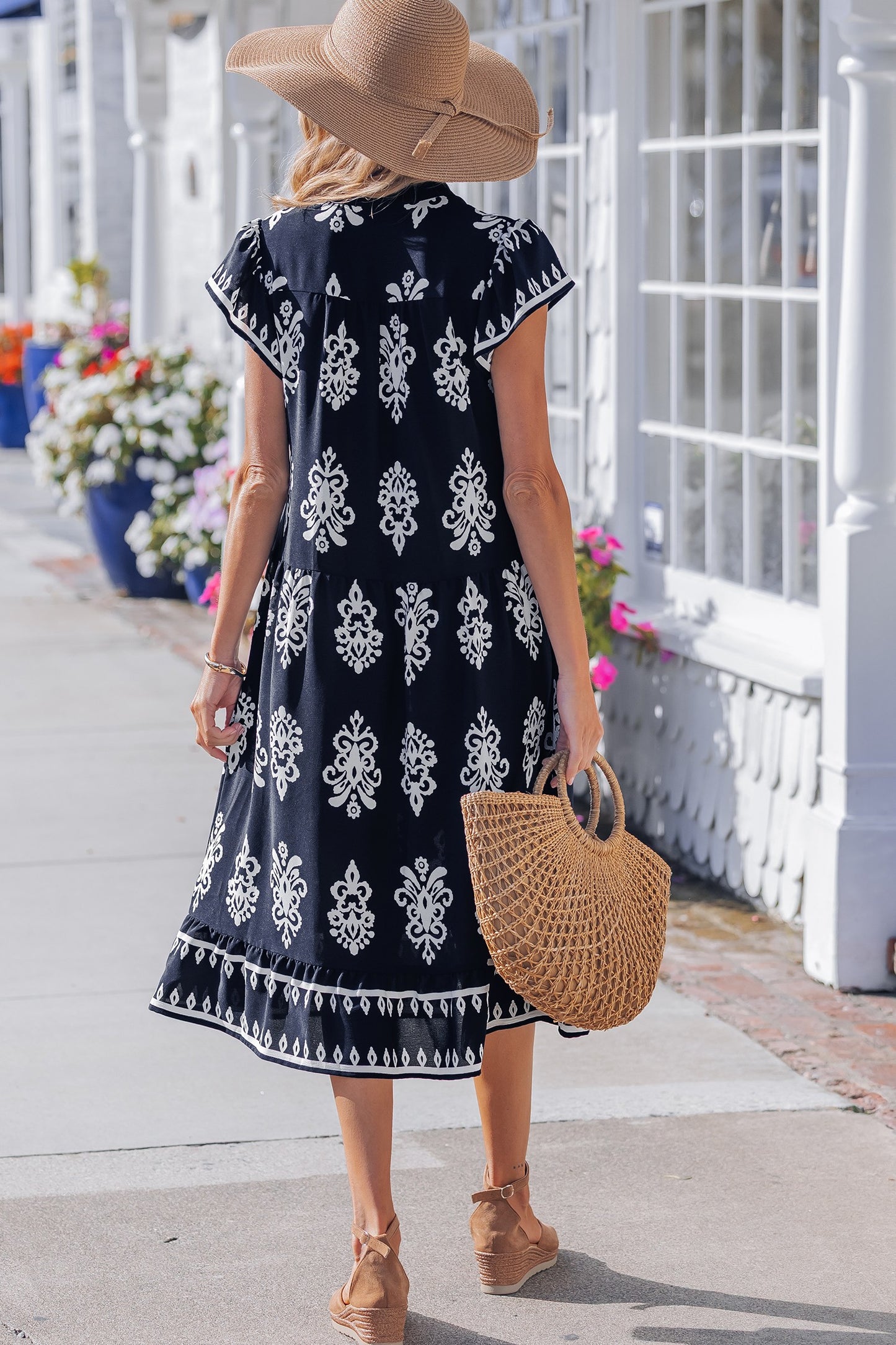 Dark Navy Blue Abstract Print Midi Dress
