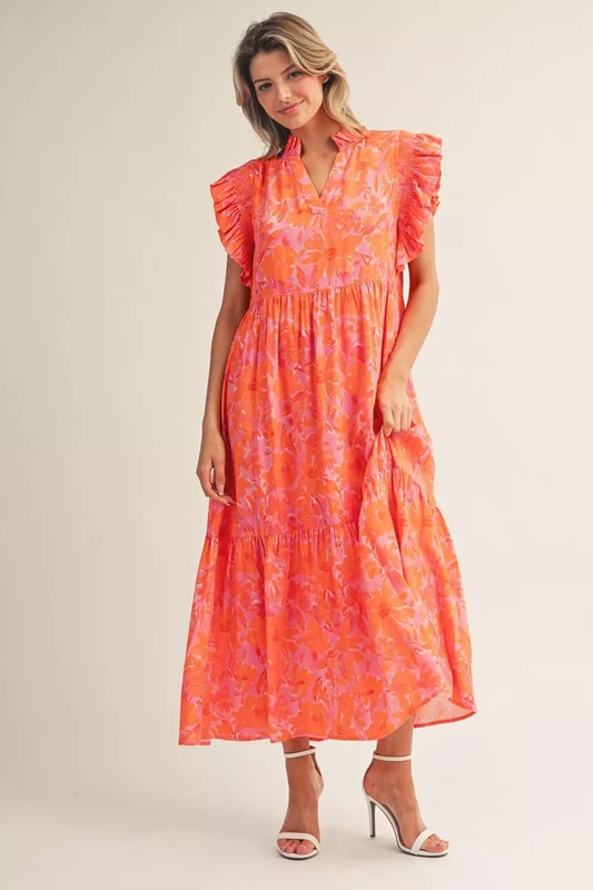 Orange Floral Flutter Sleeve Maxi Dress