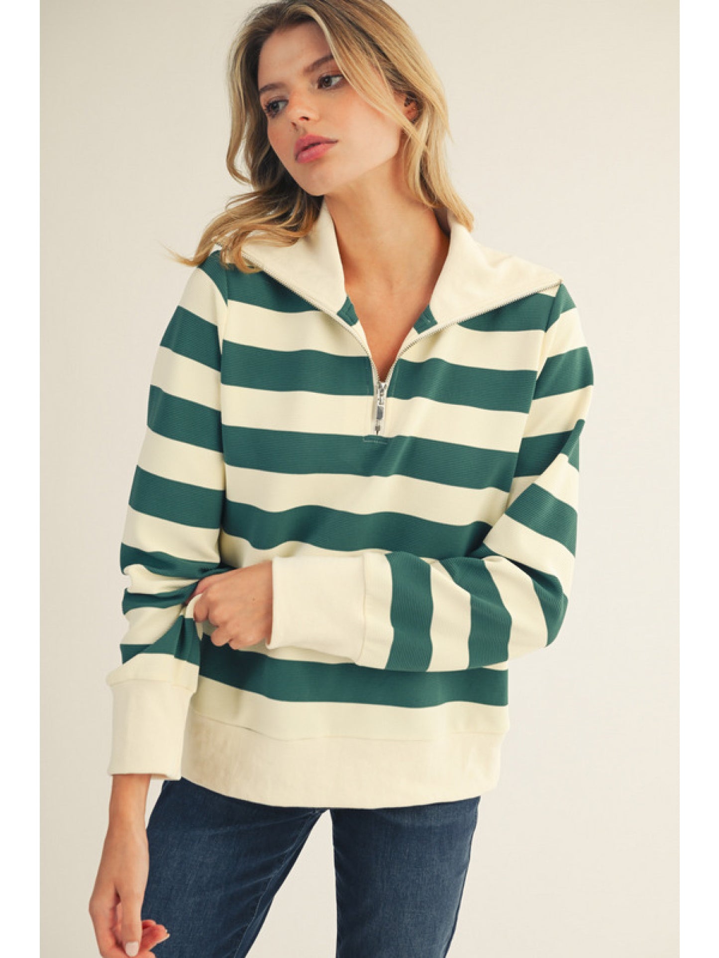 Hunter Green Mix Striped Light Knit Quarter Zip