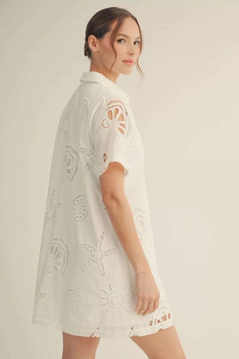 Off White Nautical Eyelet Pattern Short Sleeve Mini Dress