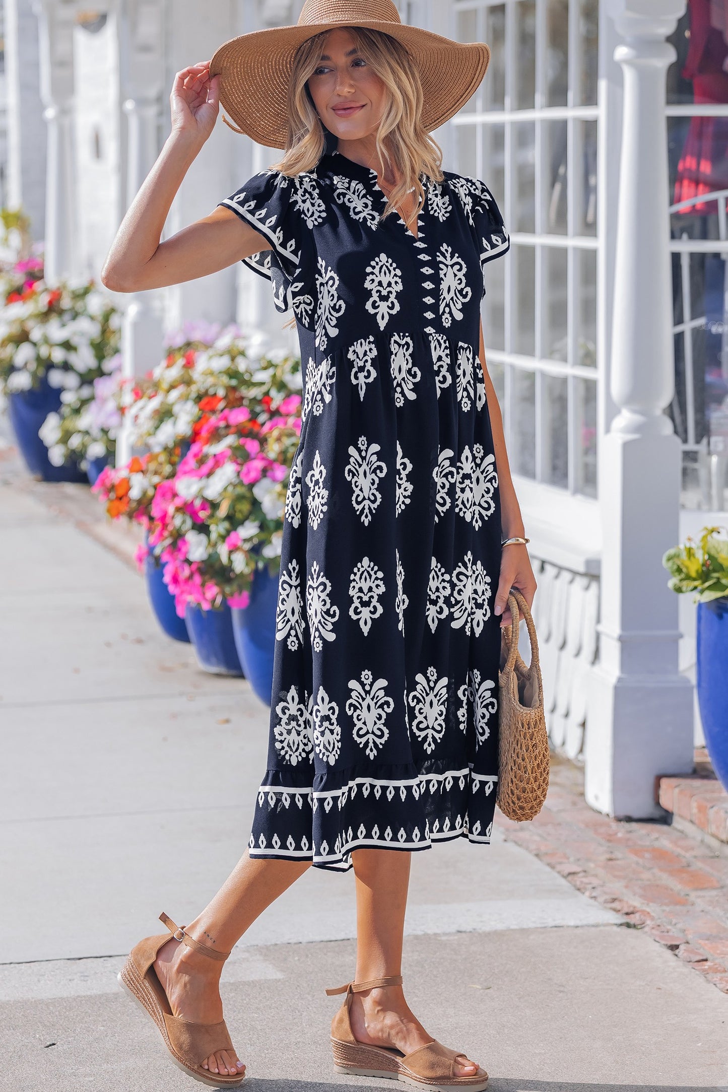Dark Navy Blue Abstract Print Midi Dress
