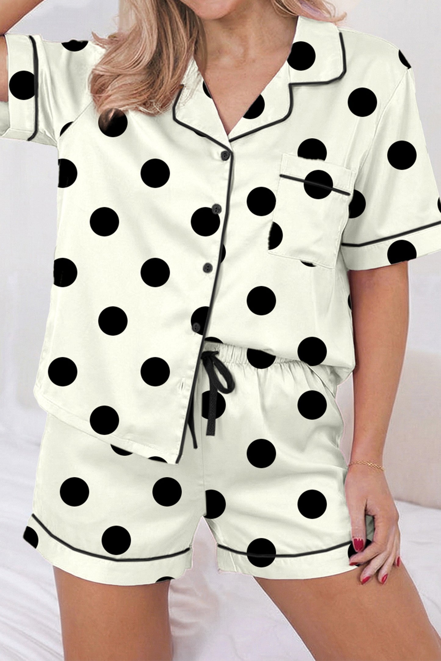 Black & White Polka Dot Button Up & Shorts Pajama Set