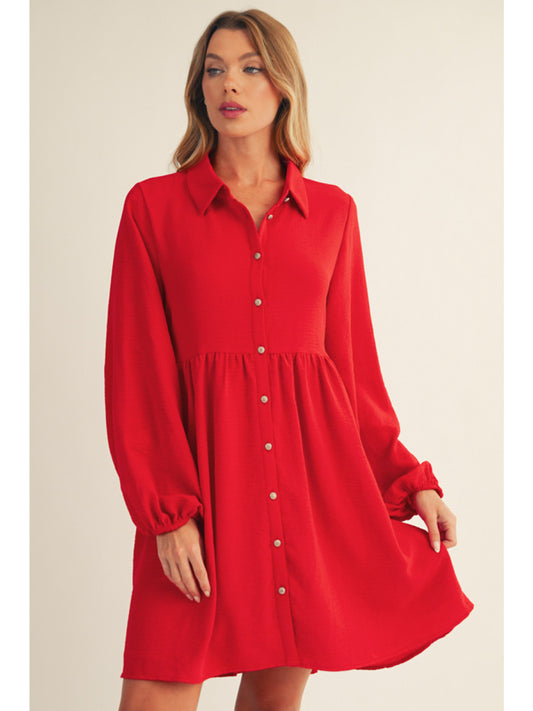 Red Button Down, Collared Long Sleeve Mini Dress