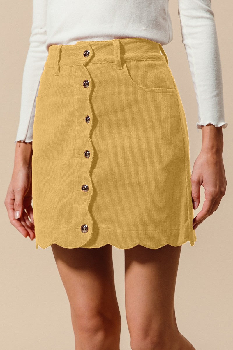 Mustard Corduroy Scallop Edge Mini Skirt