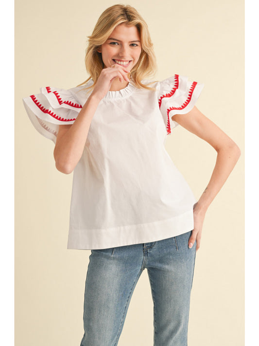 White High Neck Short Sleeve Blouse w/ Red Trim