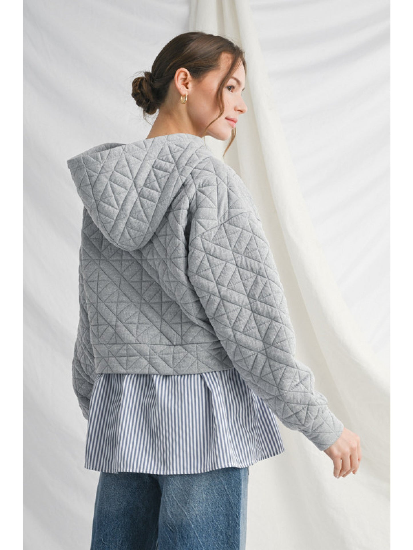 Heather Grey Quilted, Hooded Top w/ Faux Undershirt