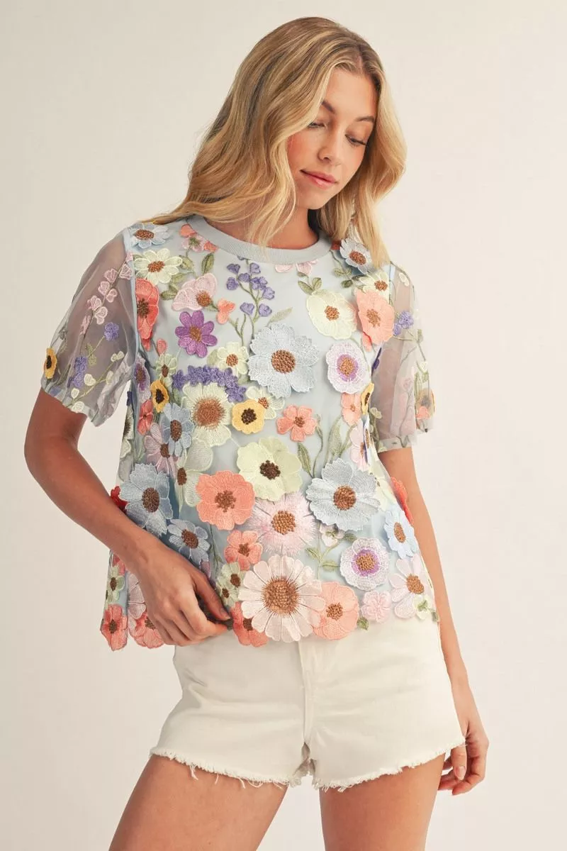 Blue Floral Embroidered Short Sleeve Top