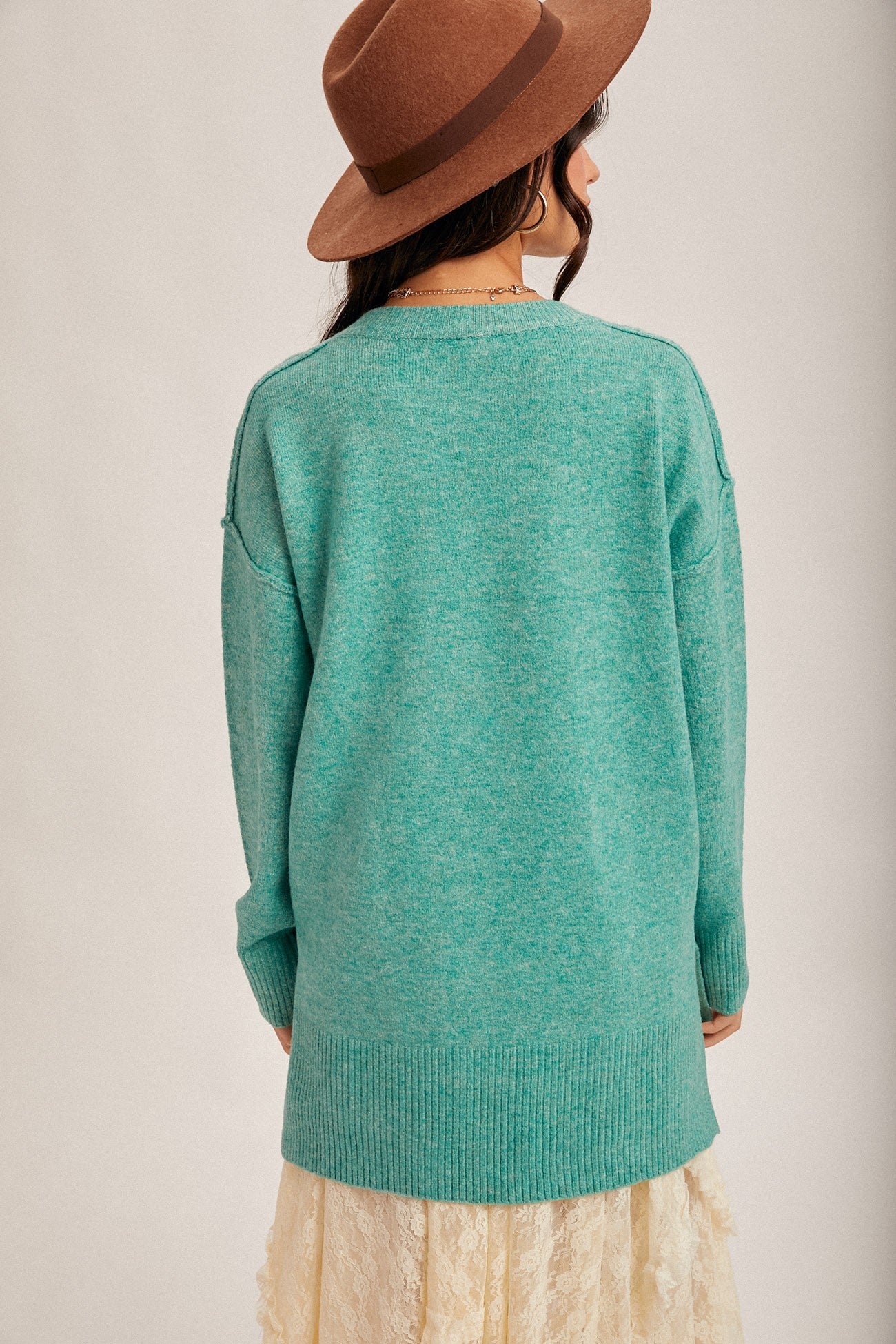 Crew Neck Slit Hem Oversized Tunic Sweater