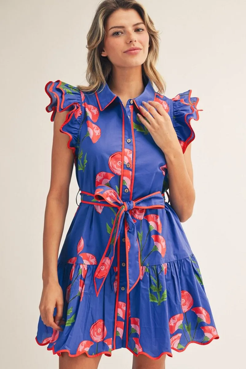 Royal Blue Floral Mini Dress w/ Tie Belt