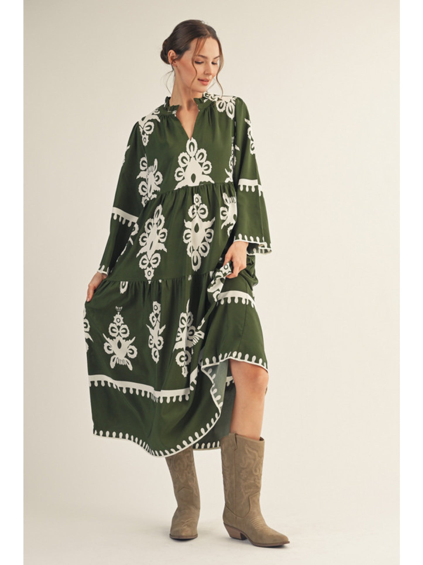 Olive Abstract Patterned Tiered Maxi Dress