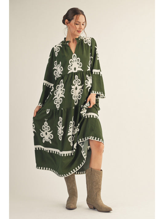 Olive Abstract Patterned Tiered Maxi Dress