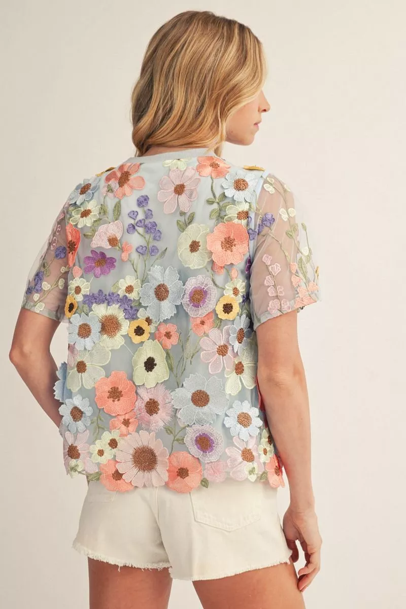 Blue Floral Embroidered Short Sleeve Top