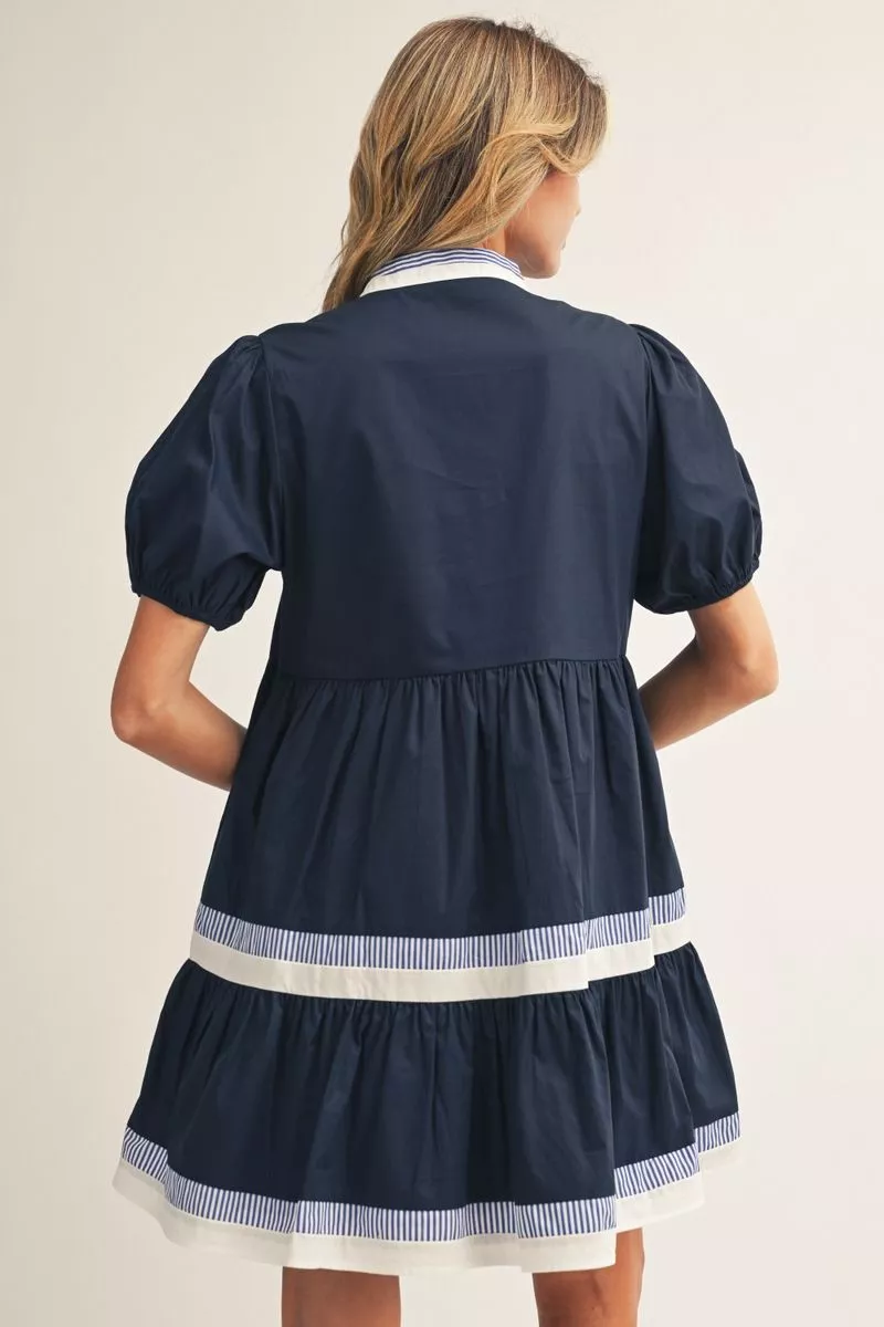 Navy Tiered Mini Dress w/ Striped Details