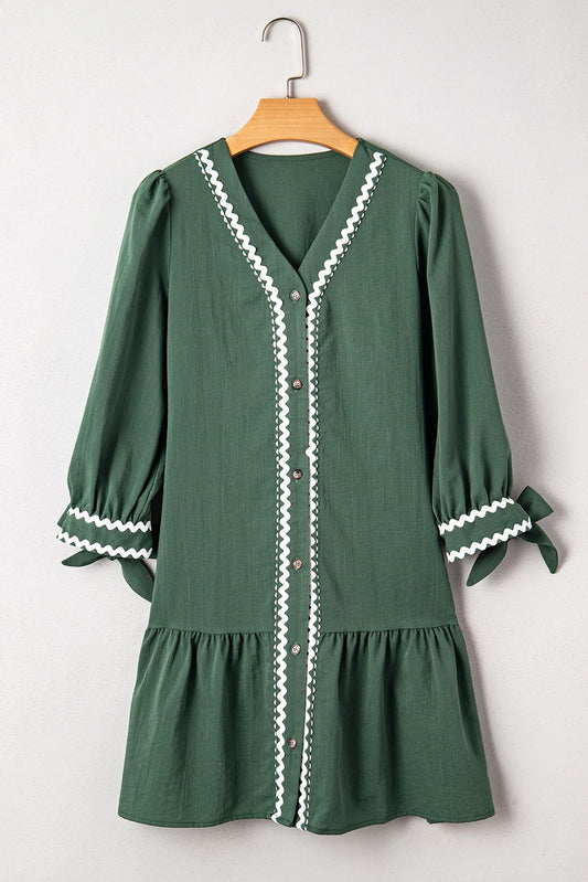 Green Ricrac Trimmed Button V-Neck Mini Dress