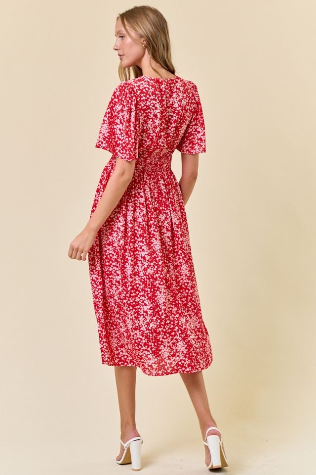 Red Floral V-Neck Flutter Short Sleeve Midi Dress
