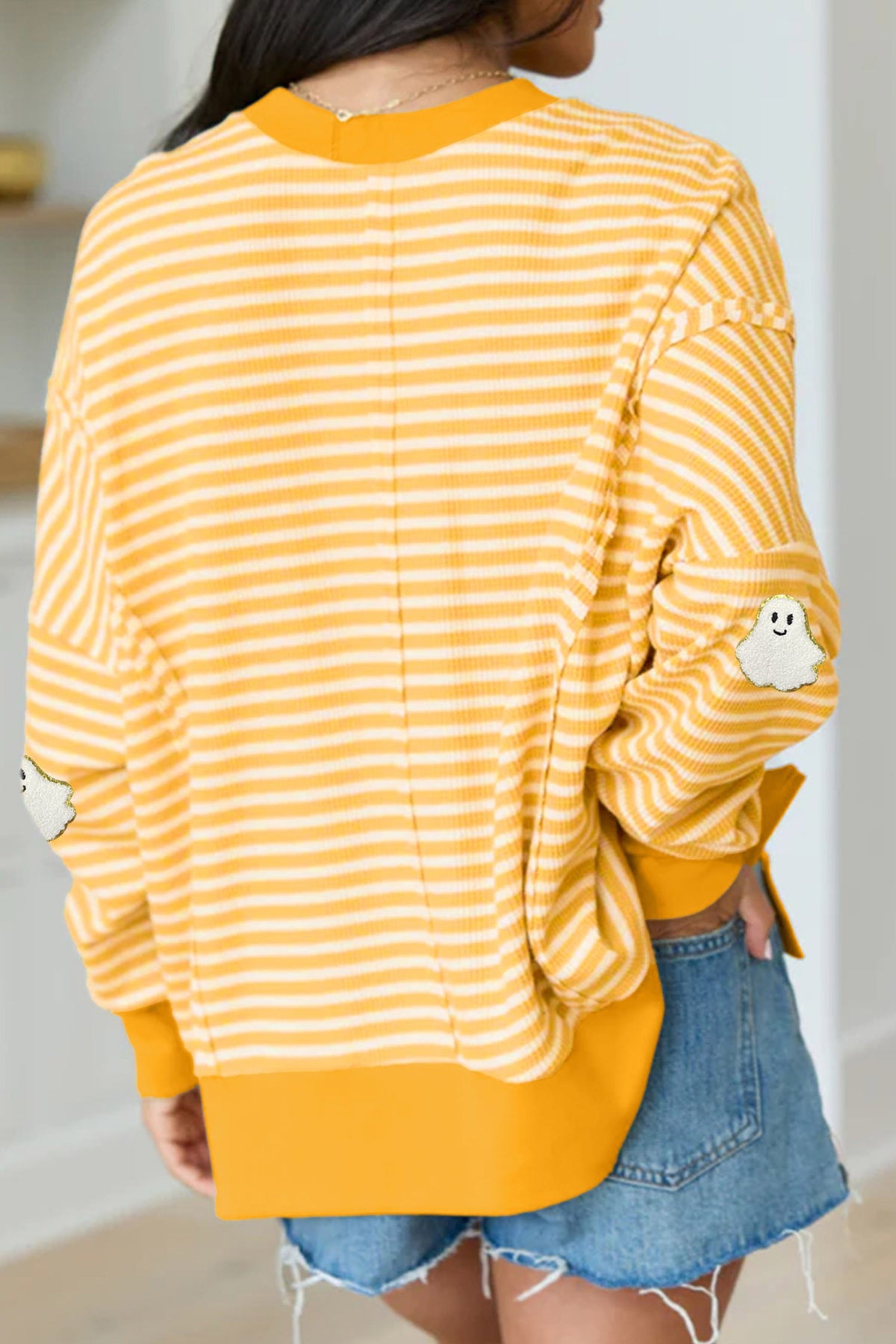 Yellow Striped Ghost Patch Printed Long Sleeve Top