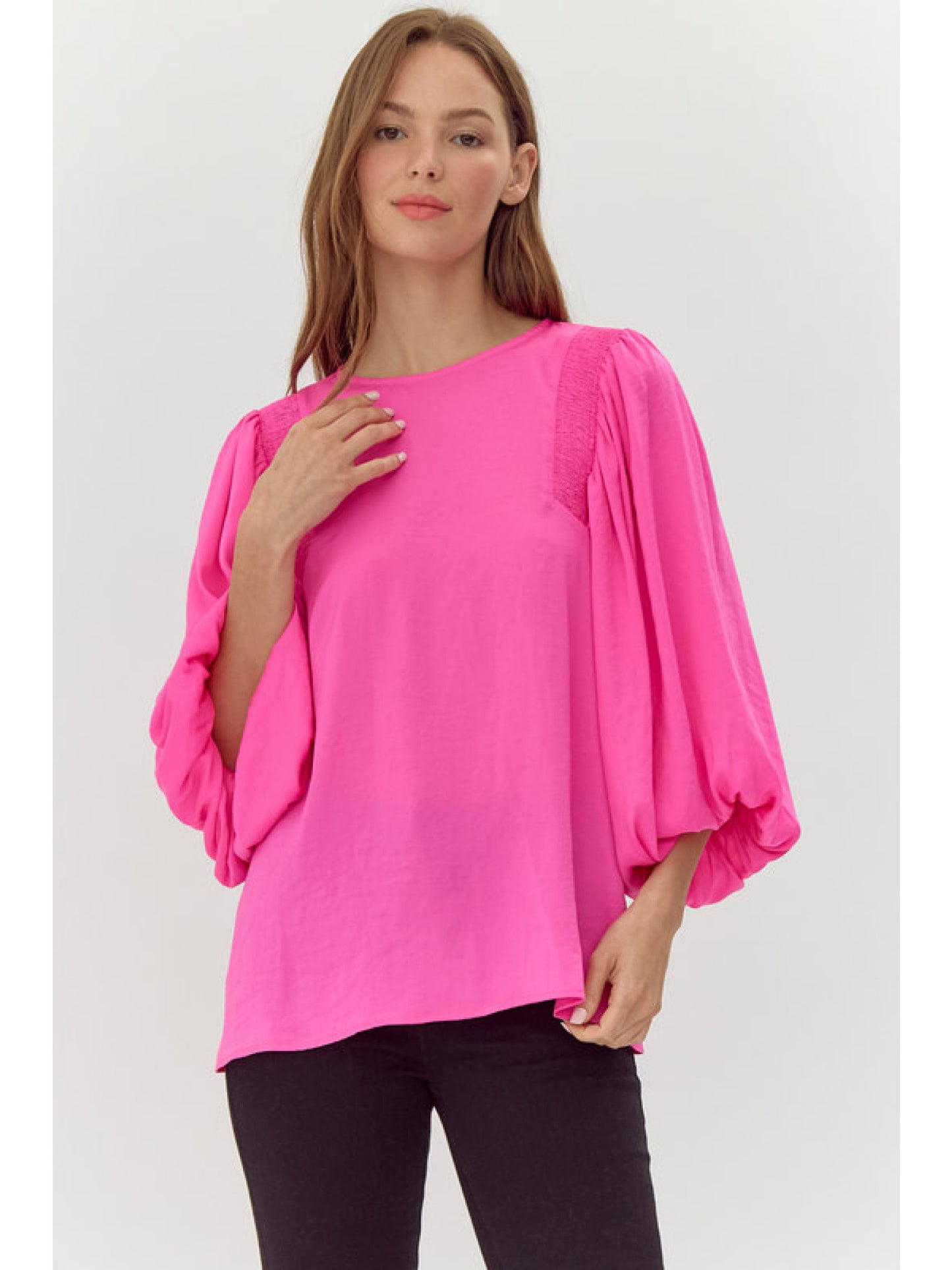 Hot Pink Scoop Neck Long Sleeve Blouse