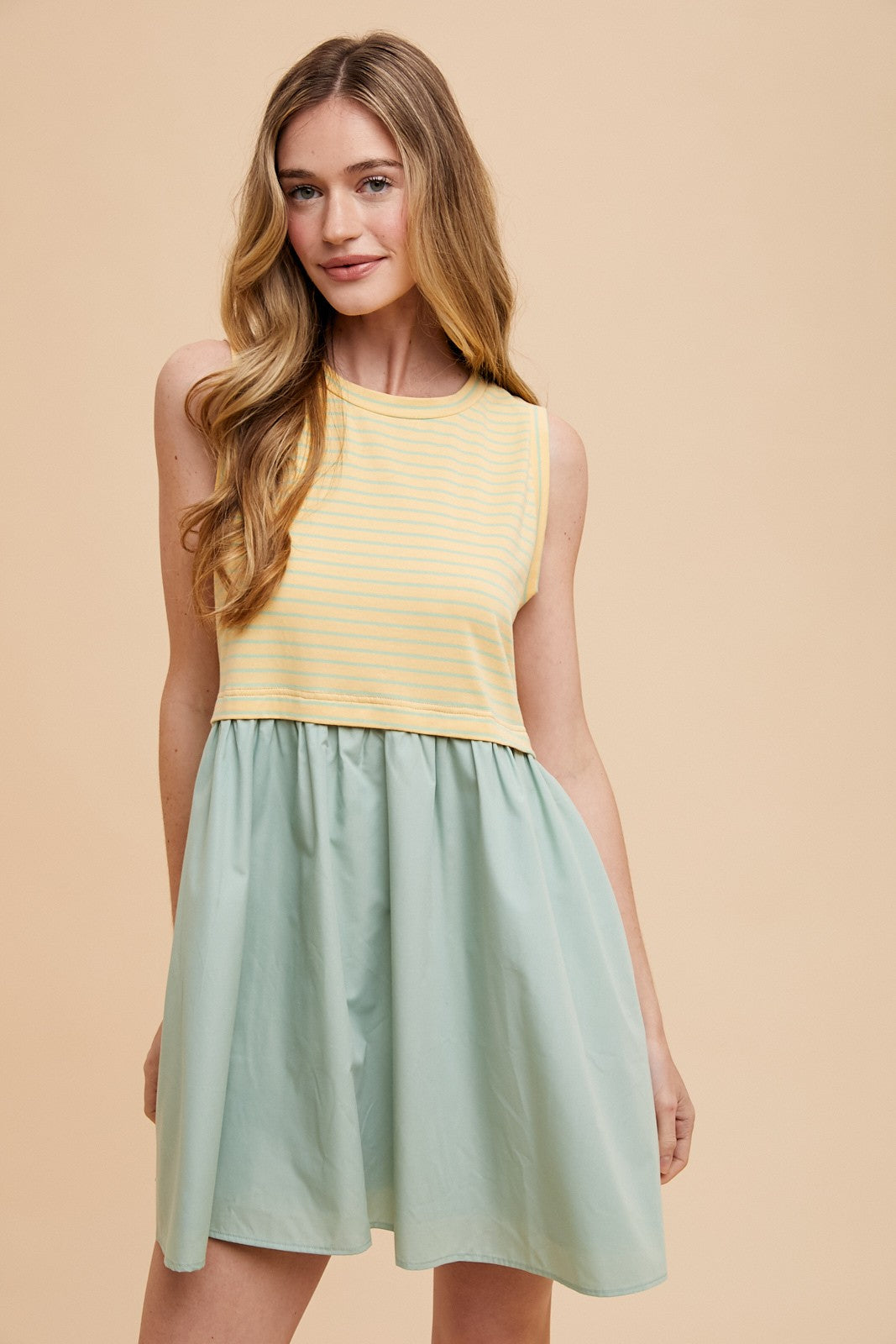 Banana/Sage Mix Media Sleeveless Babydoll Mini Dress