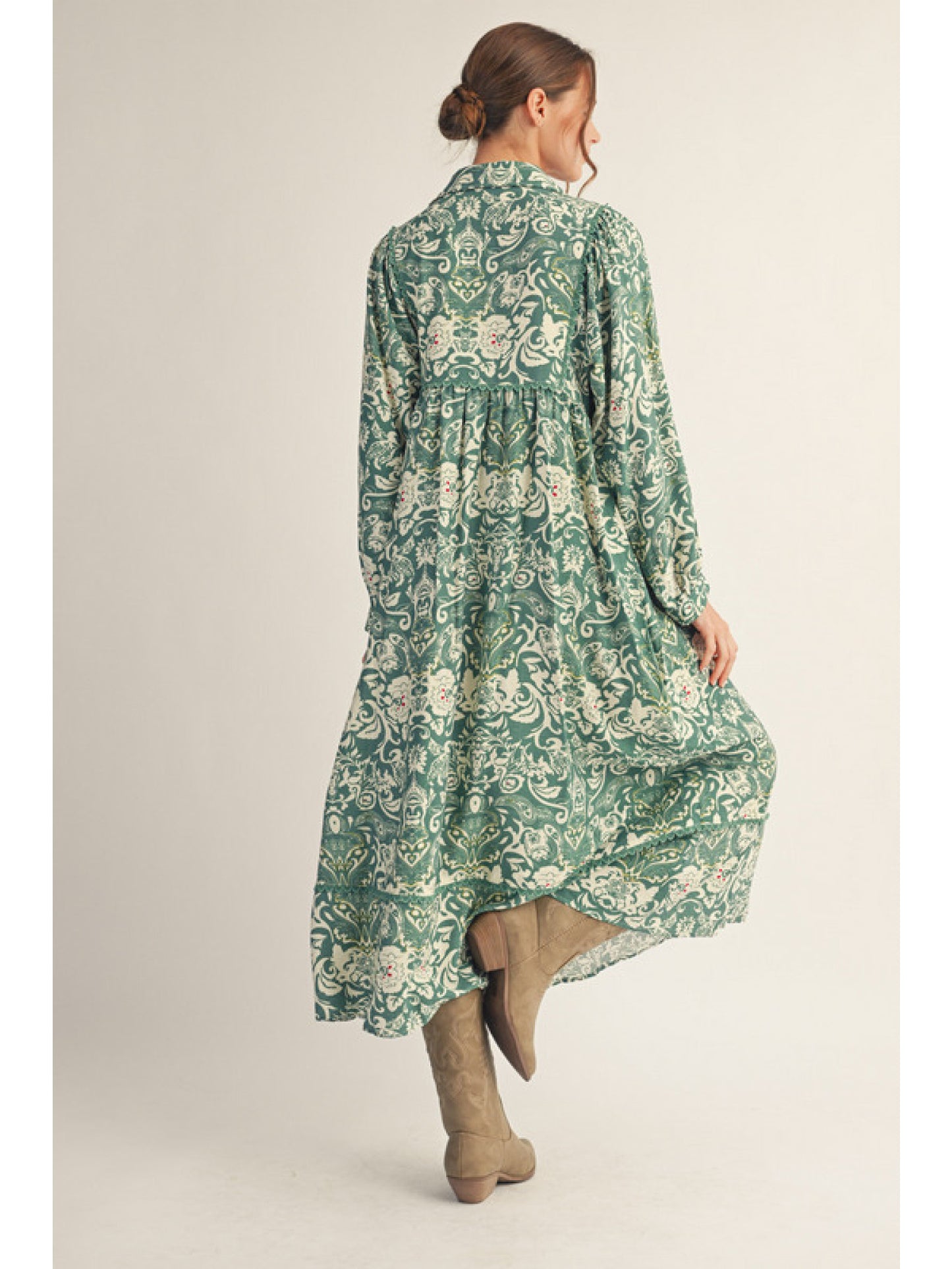 Green Floral Collared Long Sleeve Maxi Dress