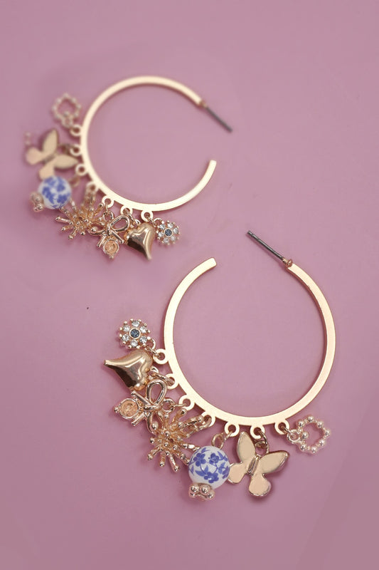 Blue Ceramic Porcelain Multi Charm Hoops