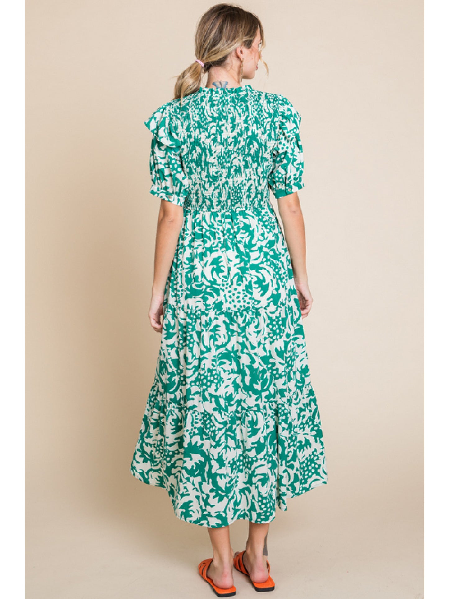 Green Patterned Short Sleeve Maxi Dress w/ Pockets