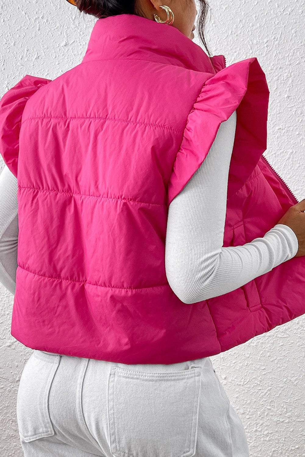 Hot Pink Ruffle Sleeve Cropped Puffer Vest