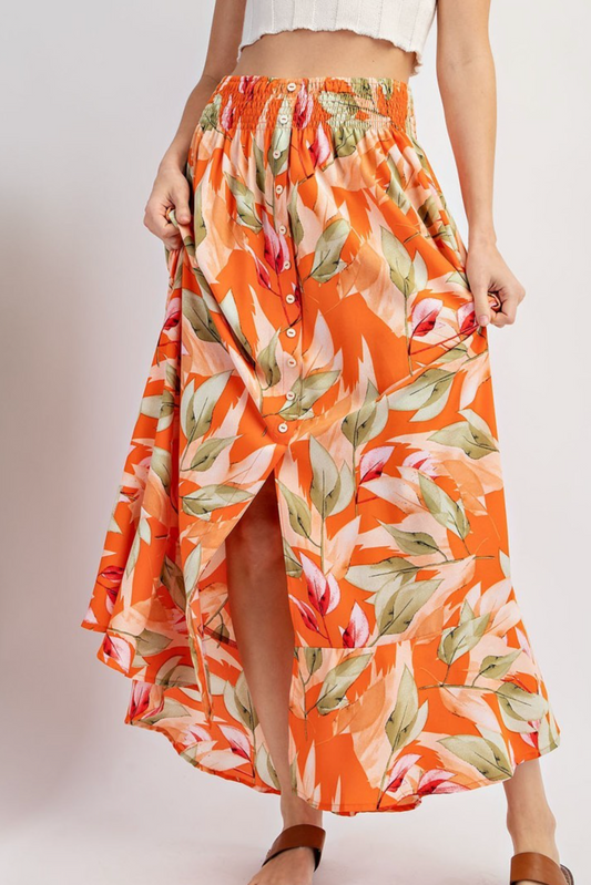 Orange Floral Print Button Down Maxi Skirt