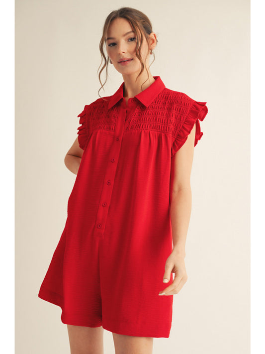 Tomato Red Smocked, Short Sleeve Button Down Romper