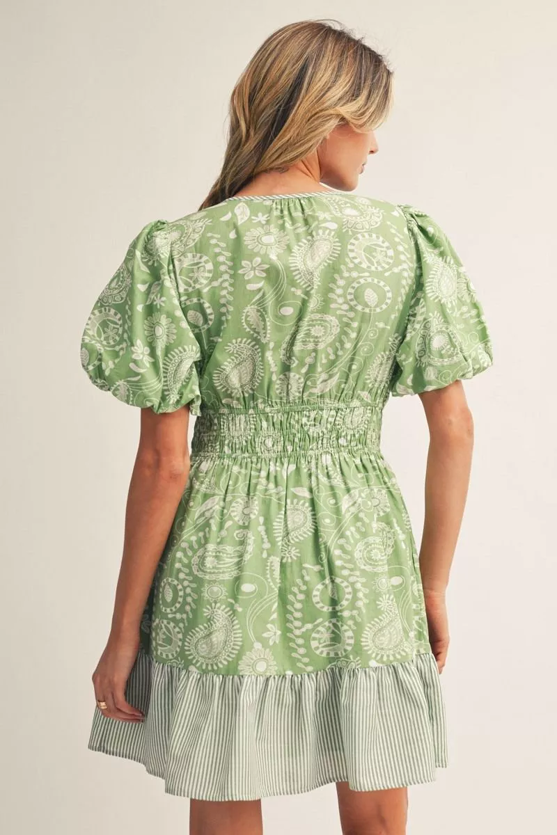 Green Floral Pattern Short Puff Sleeve Mini Dress