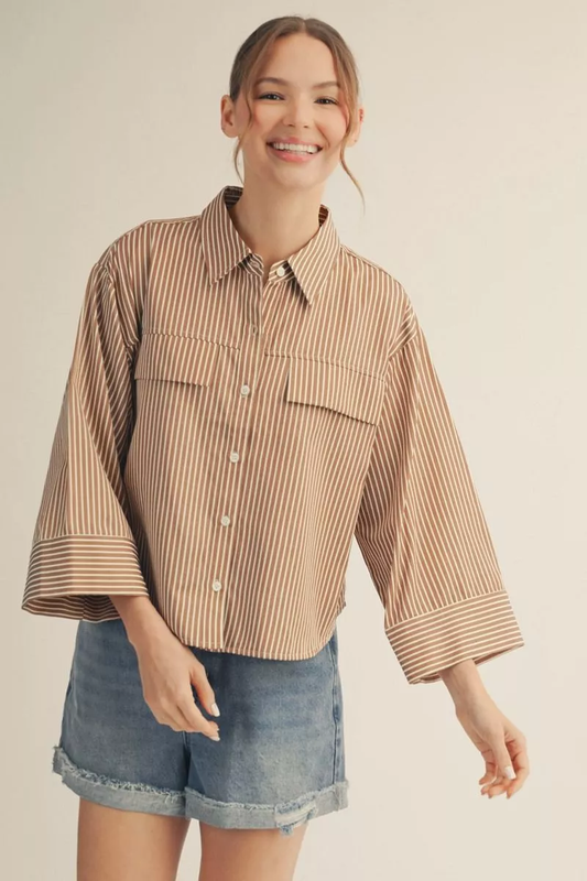 Mocha Mousse Striped Boxy Crop Long Sleeve Blouse